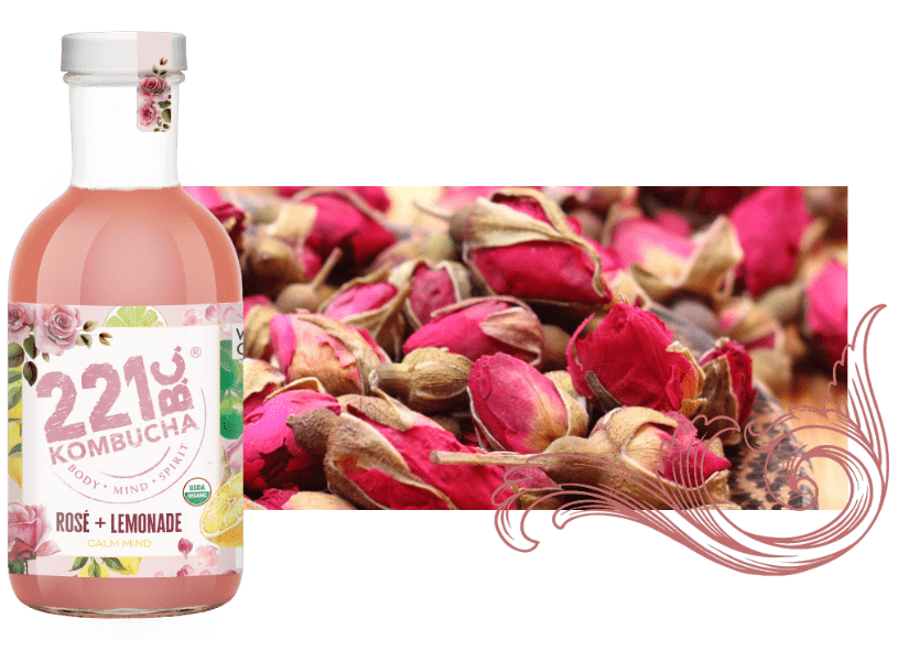 roses with bottle of rose lemonade kombucha