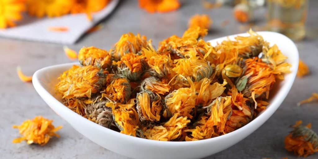 marigold medicinal herb petals in bowl