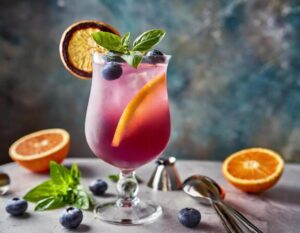 blueberry ginger kombucha mocktail with orange slices and basil and blueberries as garnish