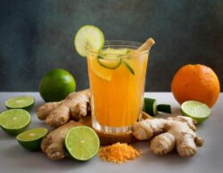 mango dandelion mocktail with sliced cucumber and grated ginger and a lime surrounded by the herbs from the drink