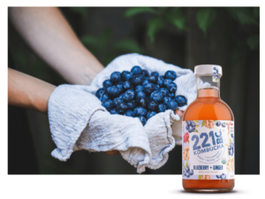 Blueberry Ginger bottle of Kombucha on photo of blueberries in a woman's hand