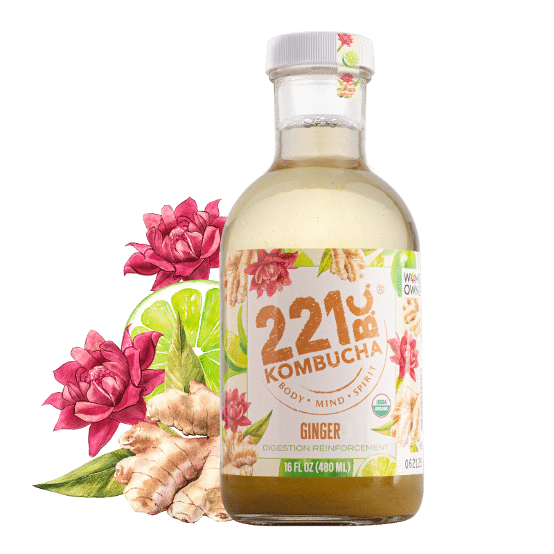 ginger kombucha flavor in bottle surrounded by lime rose and ginger root