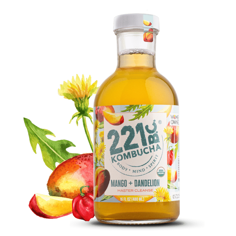 mango dandelion kombucha bottle