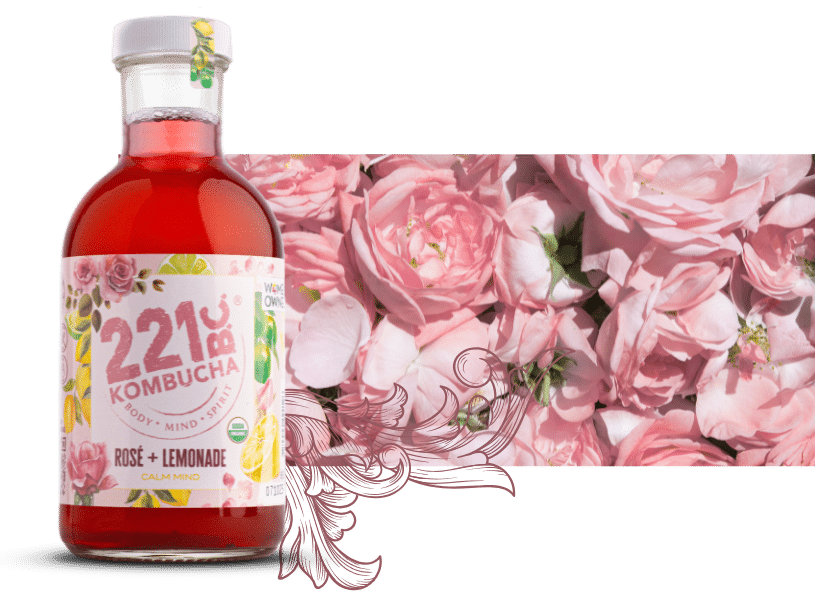 roses with bottle of rose lemonade kombucha