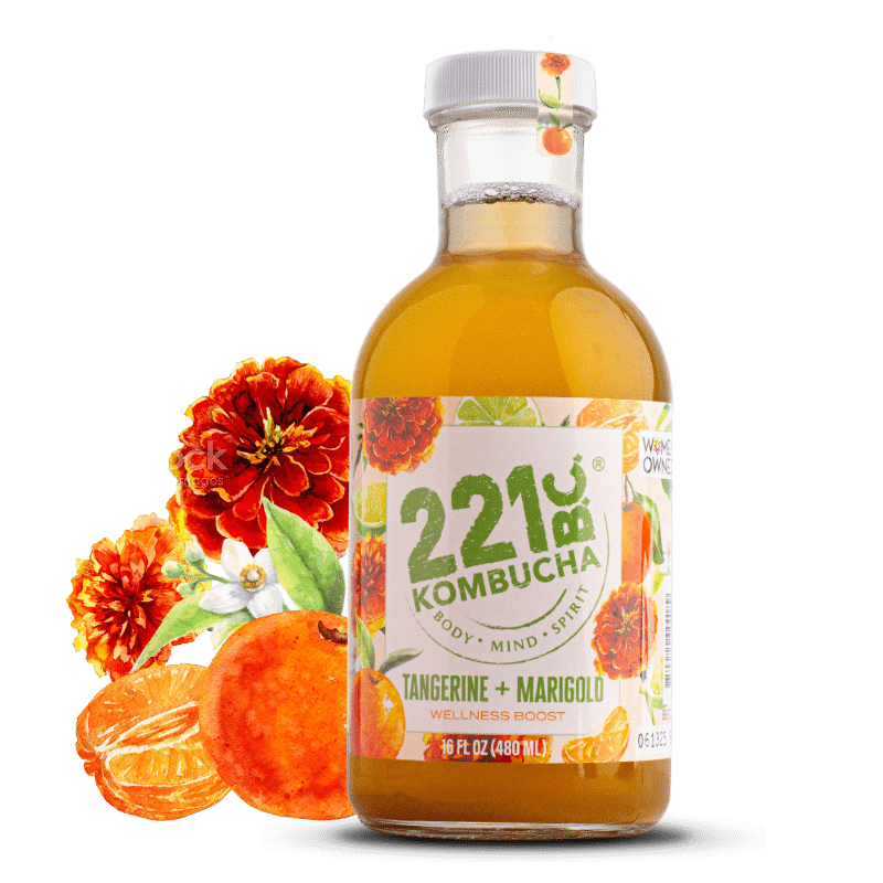bottle of tangerine + marigold kombucha flavor